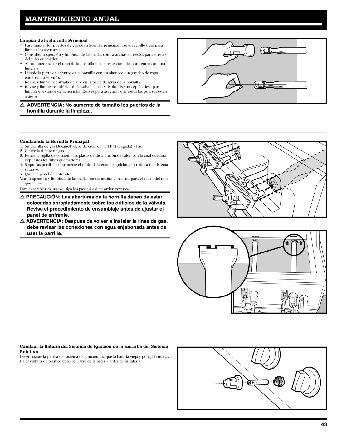 Ducane 2020805 owner manual Limpiando la Hornilla Principal, Cambiando la Hornilla Principal 