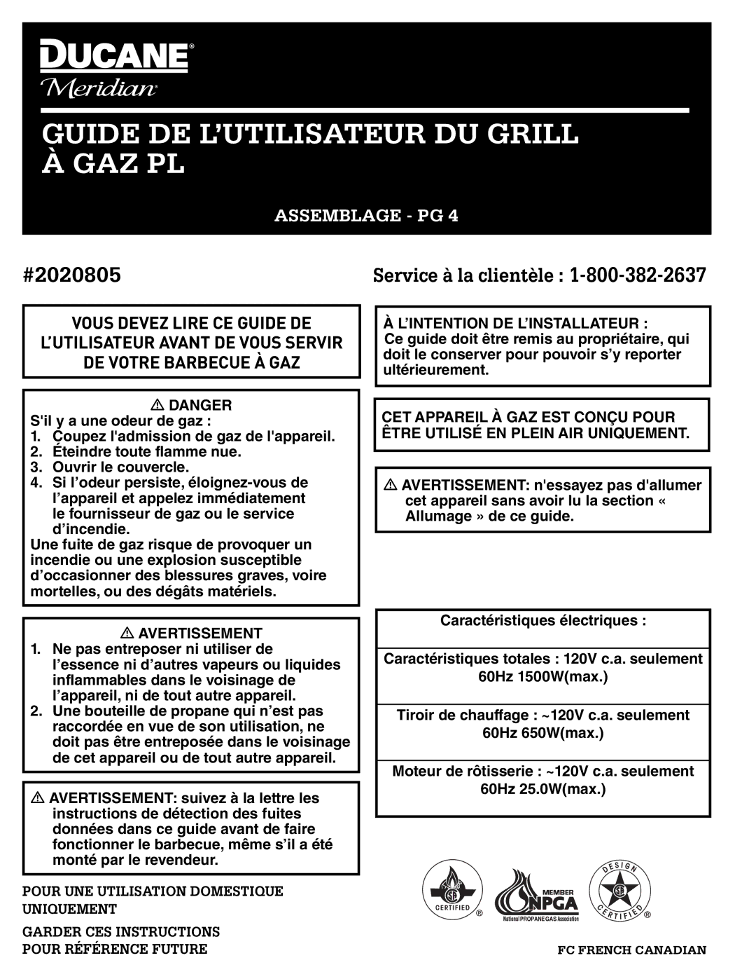 Ducane 2020805 owner manual Guide DE L’UTILISATEUR DU Grill À GAZ PL 