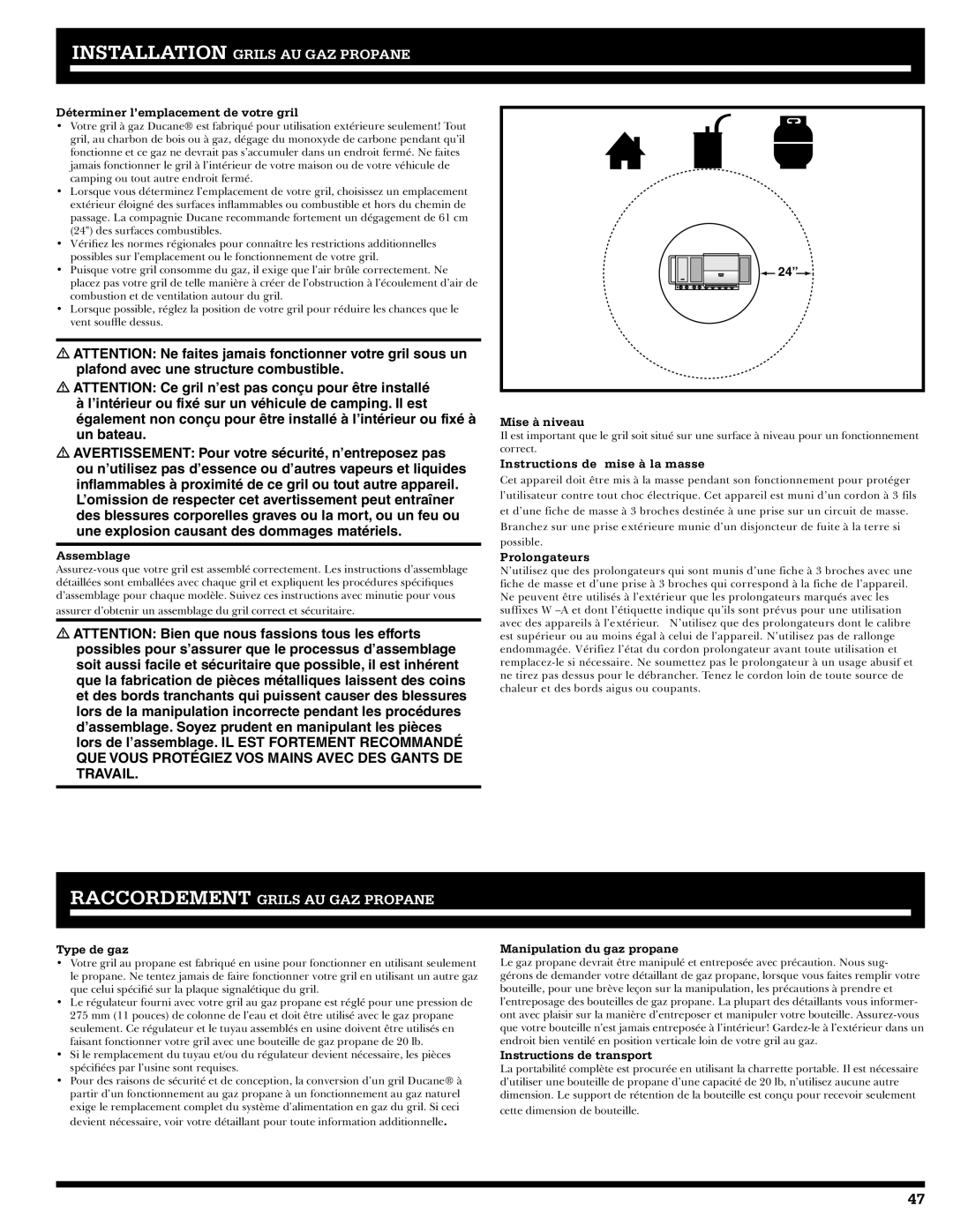 Ducane 2020805 Déterminer l’emplacement de votre gril, Mise à niveau, Instructions de mise à la masse, Assemblage 