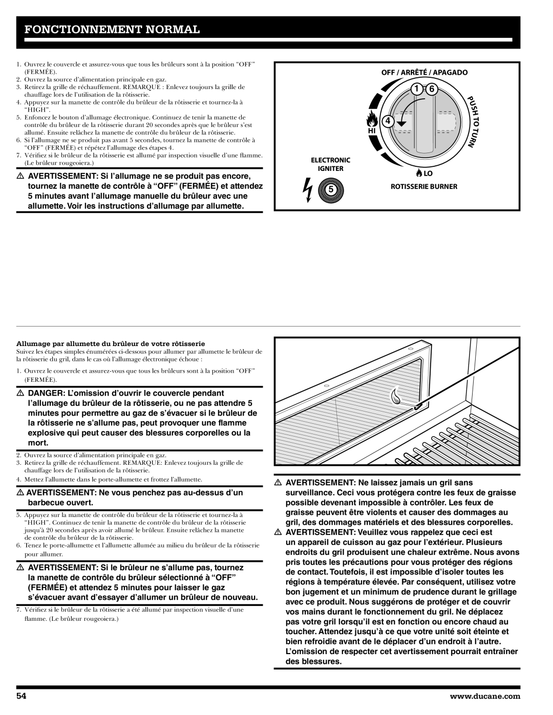 Ducane 2020805 owner manual Allumage par allumette du brûleur de votre rôtisserie 