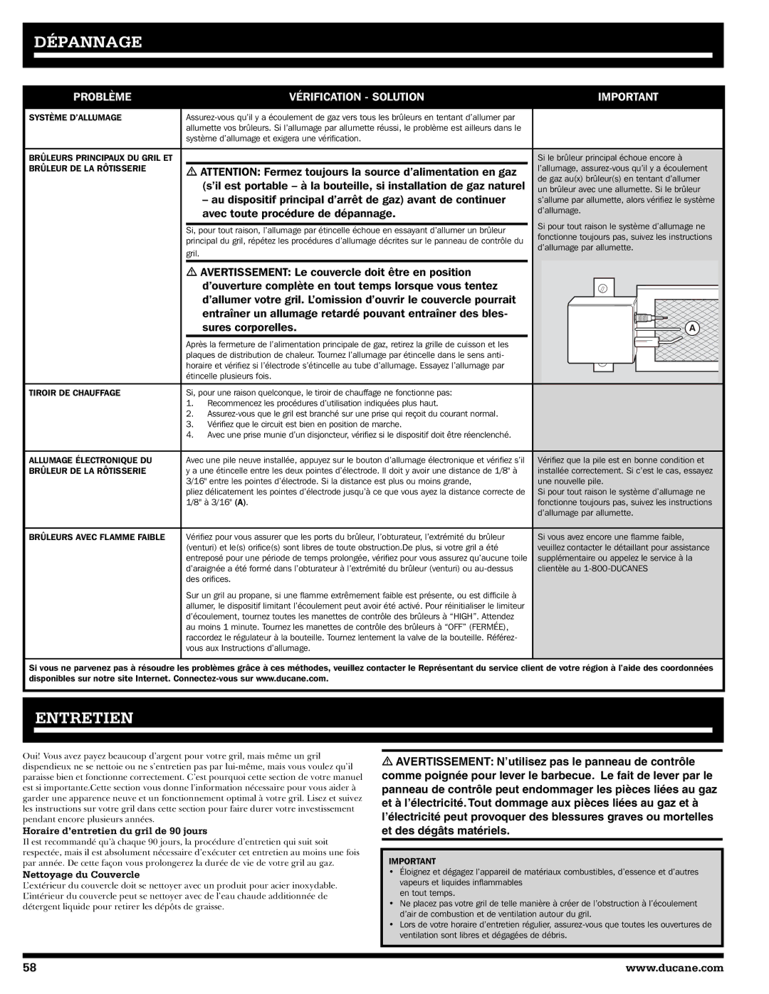 Ducane 2020805 owner manual Dépannage, Entretien, Horaire d’entretien du gril de 90 jours, Nettoyage du Couvercle 