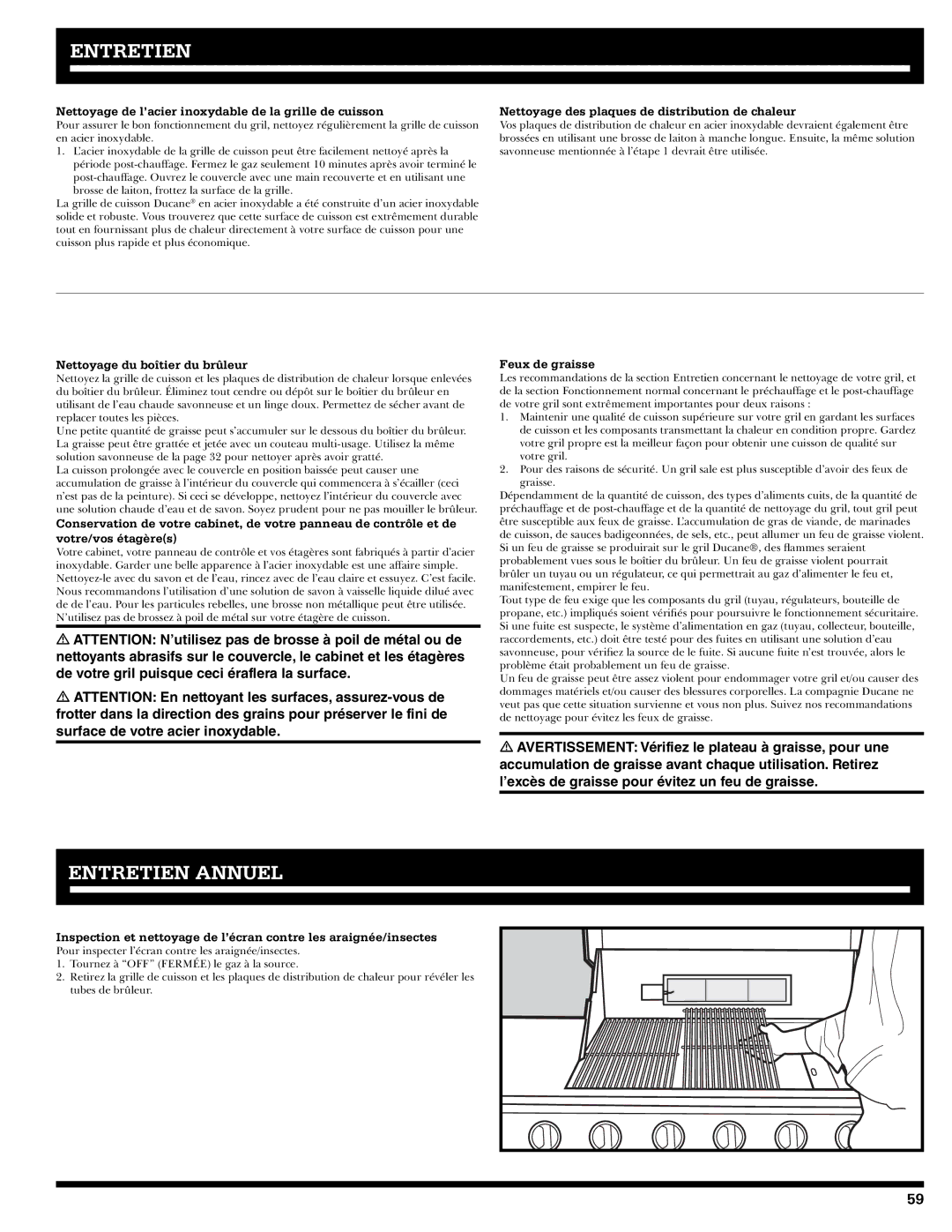 Ducane 2020805 Entretien Annuel, Nettoyage de l’acier inoxydable de la grille de cuisson, Nettoyage du boîtier du brûleur 