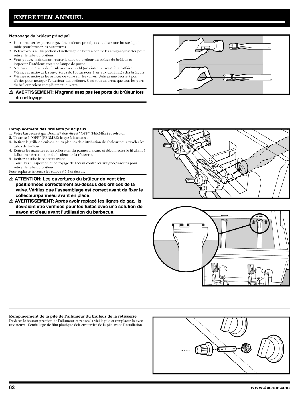 Ducane 2020805 owner manual Nettoyage du brûleur principal, Remplacement des brûleurs principaux 