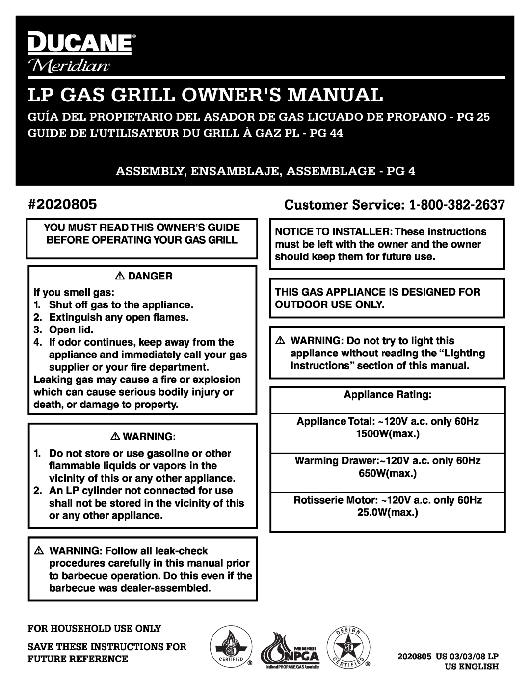 Ducane owner manual Lp Gas Grill Owners Manual, #2020805, Customer Service, Assembly, Ensamblaje, Assemblage - Pg 