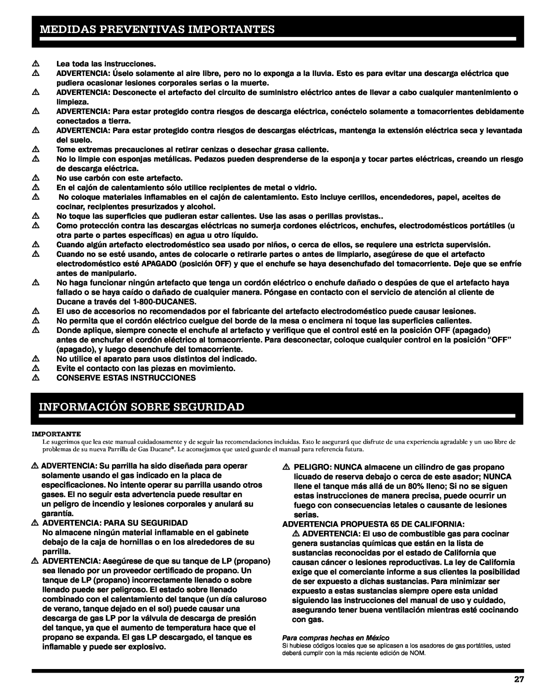 Ducane 2020805 owner manual Medidas Preventivas Importantes, Información Sobre Seguridad 