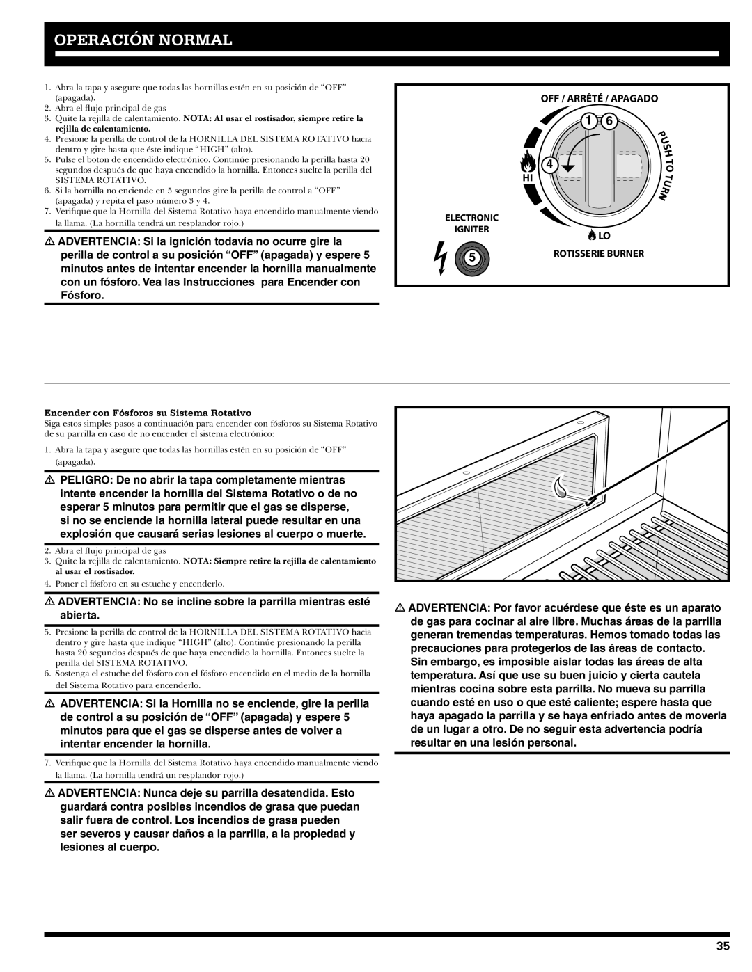 Ducane 2020805 owner manual Operación Normal, Encender con Fósforos su Sistema Rotativo 