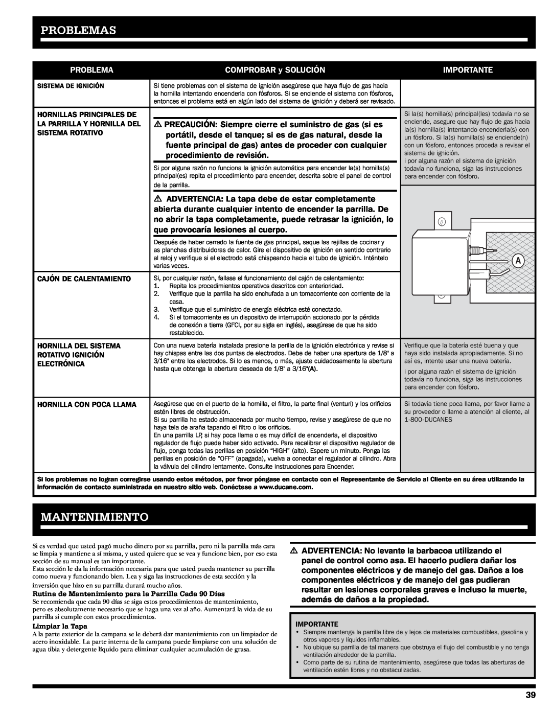 Ducane 2020805 Problemas, Mantenimiento, COMPROBAR y SOLUCIÓN, Importante, procedimiento de revisión, Sistema Rotativo 