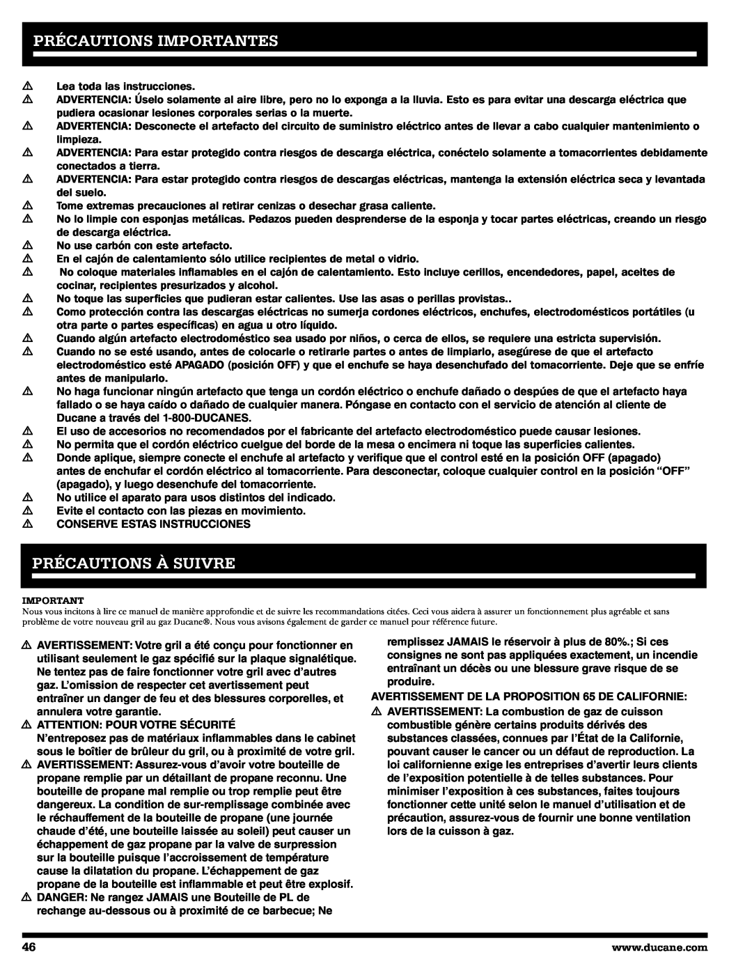 Ducane 2020805 owner manual Précautions Importantes, Précautions À Suivre 