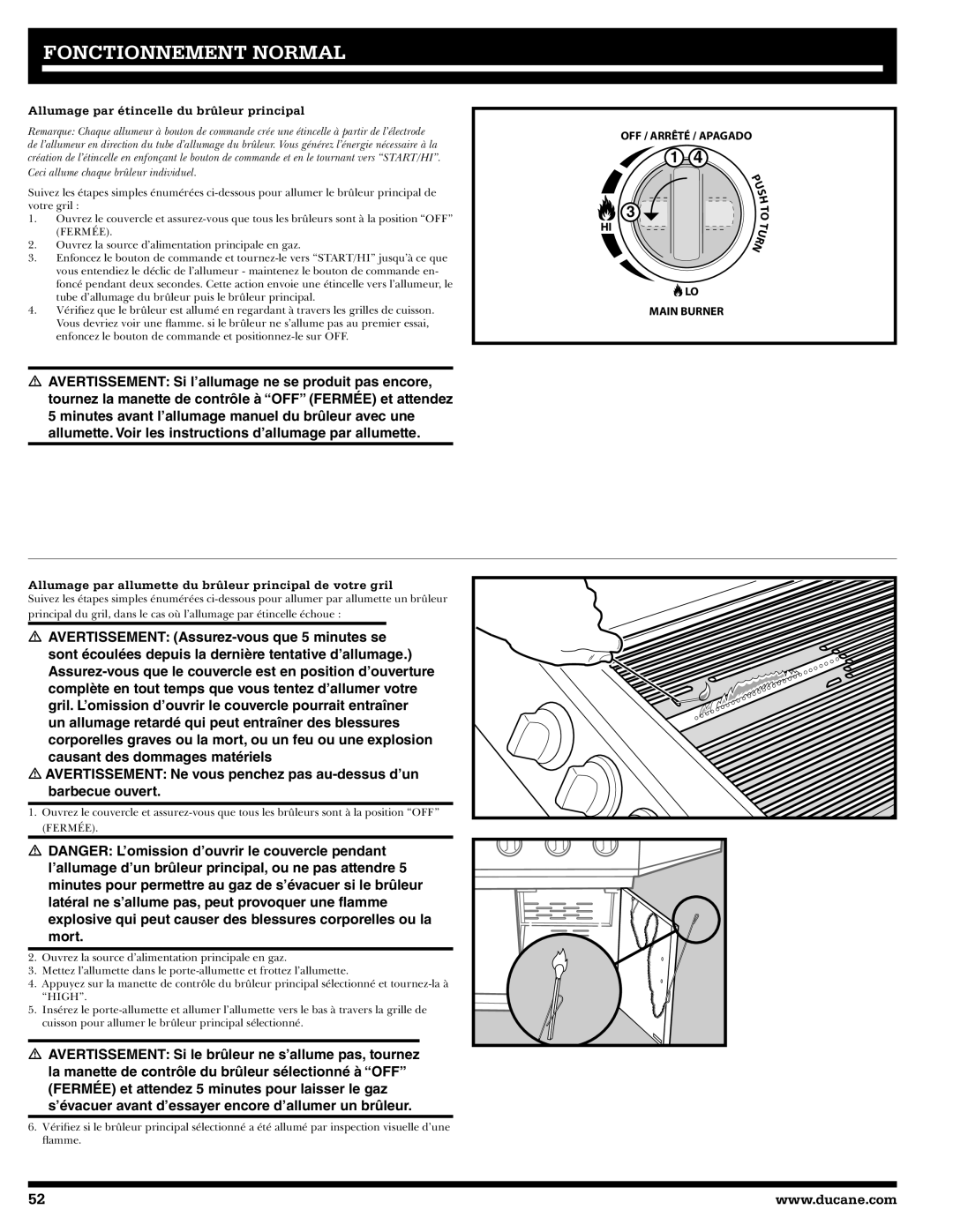 Ducane 2020805 owner manual Fonctionnement Normal, Allumage par étincelle du brûleur principal 