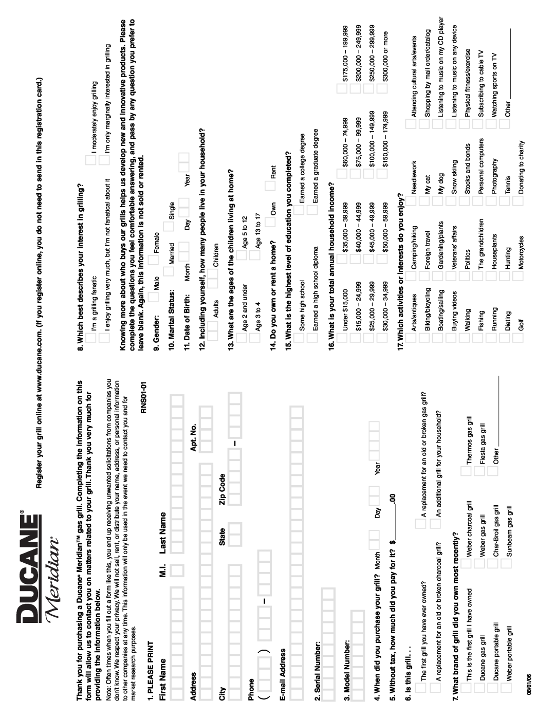 Ducane 2020805 owner manual RNS01-01, Please Print, Address, Apt. No, City, State, Zip Code, Phone, Gender, Marital Status 