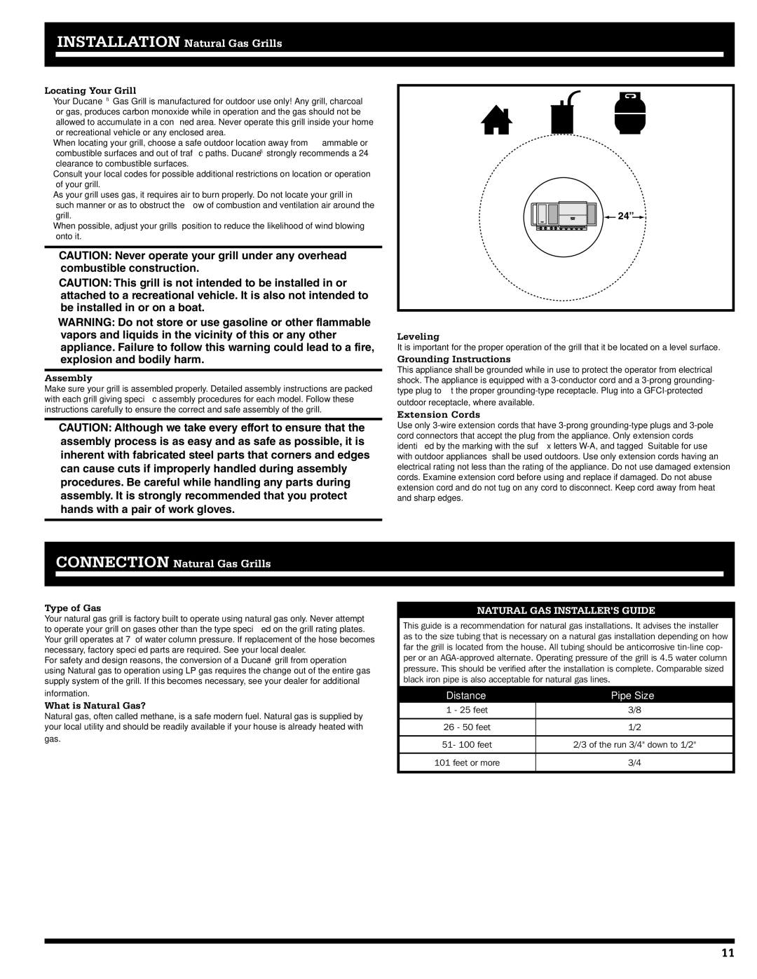 Ducane 2020806 owner manual Locating Your Grill, Assembly, Leveling, Grounding Instructions, Extension Cords, Type of Gas 