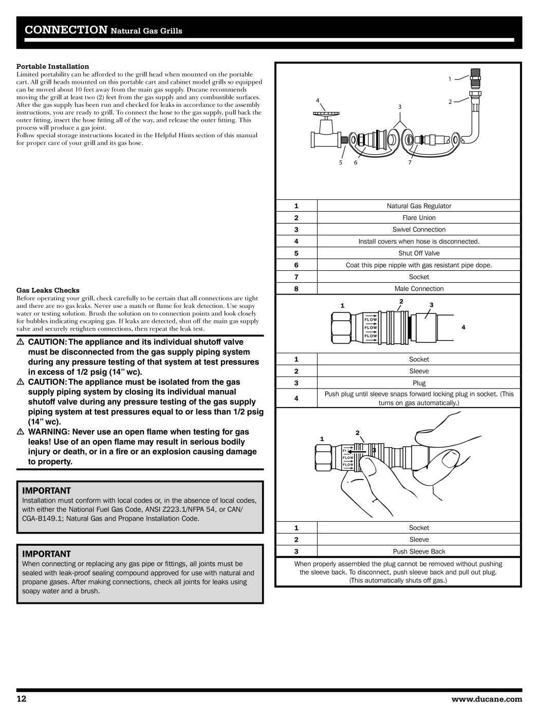 Ducane 2020806 owner manual Portable Installation, Gas Leaks Checks 