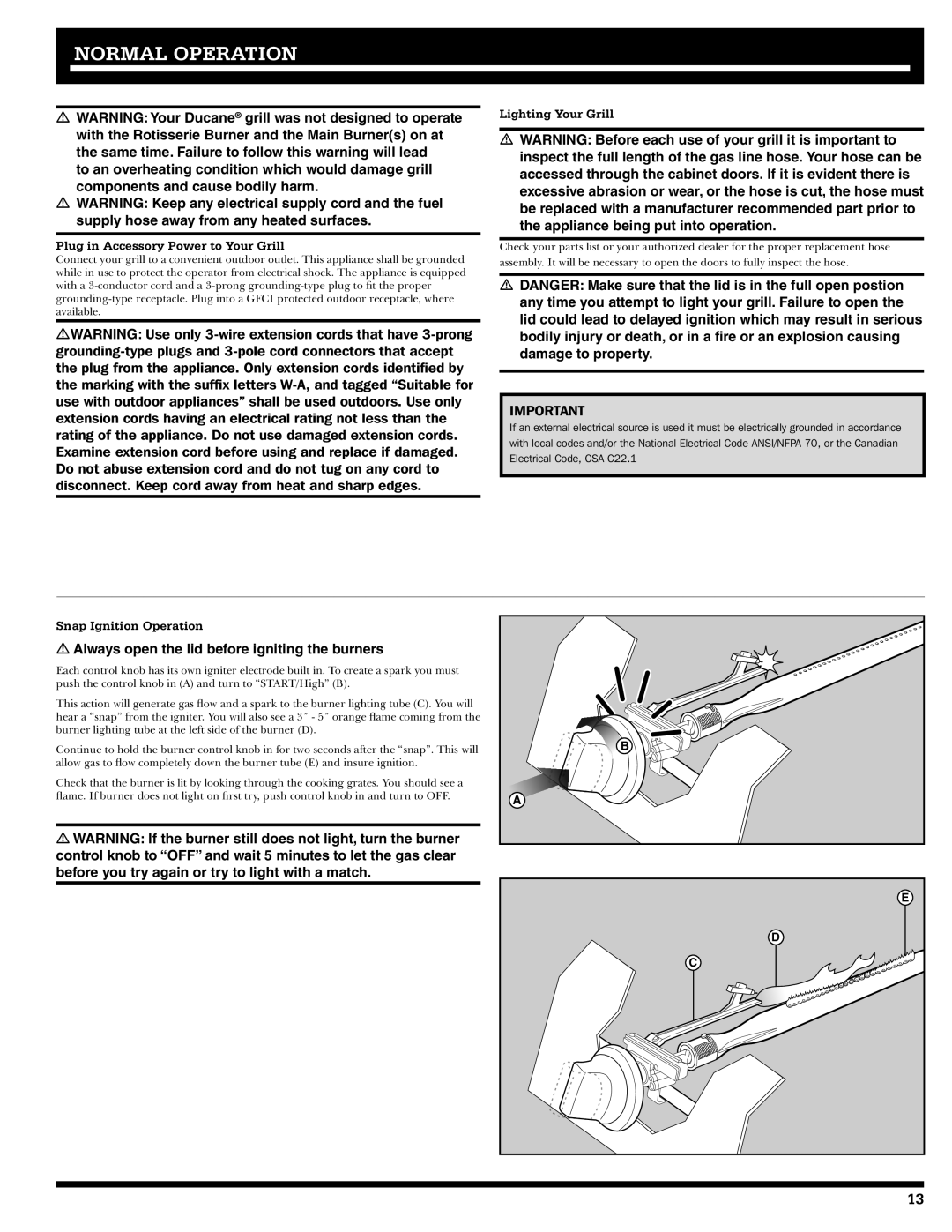 Ducane 2020806 Normal Operation, Plug in Accessory Power to Your Grill, Lighting Your Grill, Snap Ignition Operation 