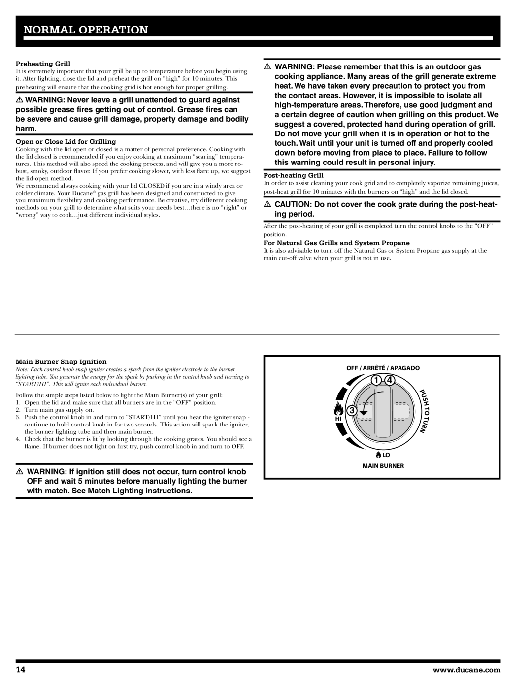 Ducane 2020806 owner manual Preheating Grill, Open or Close Lid for Grilling, Post-heating Grill, Main Burner Snap Ignition 