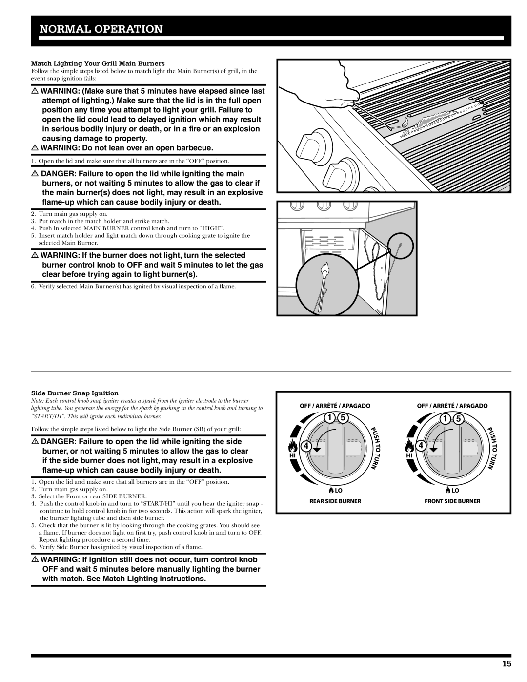 Ducane 2020806 owner manual Match Lighting Your Grill Main Burners, Side Burner Snap Ignition 