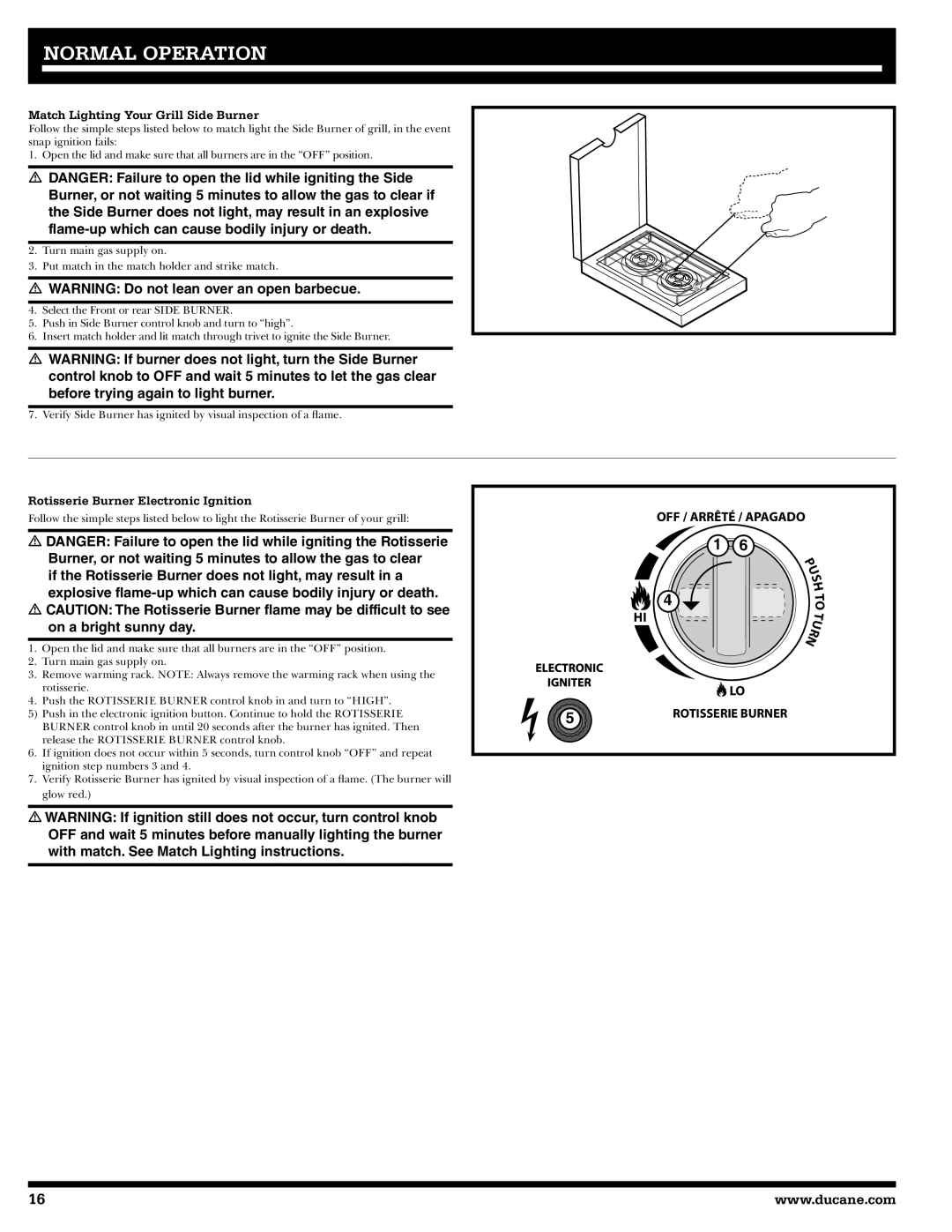 Ducane 2020806 owner manual Match Lighting Your Grill Side Burner, Rotisserie Burner Electronic Ignition 