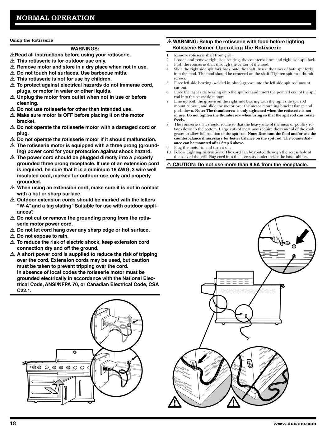 Ducane 2020806 owner manual Rotisserie Burner. Operating the Rotisserie, Using the Rotisserie 