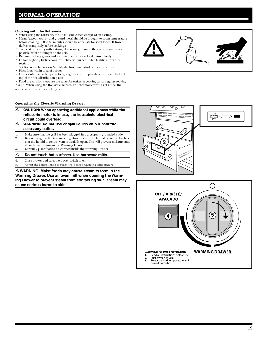 Ducane 2020806 owner manual Cooking with the Rotisserie, Operating the Electric Warming Drawer 