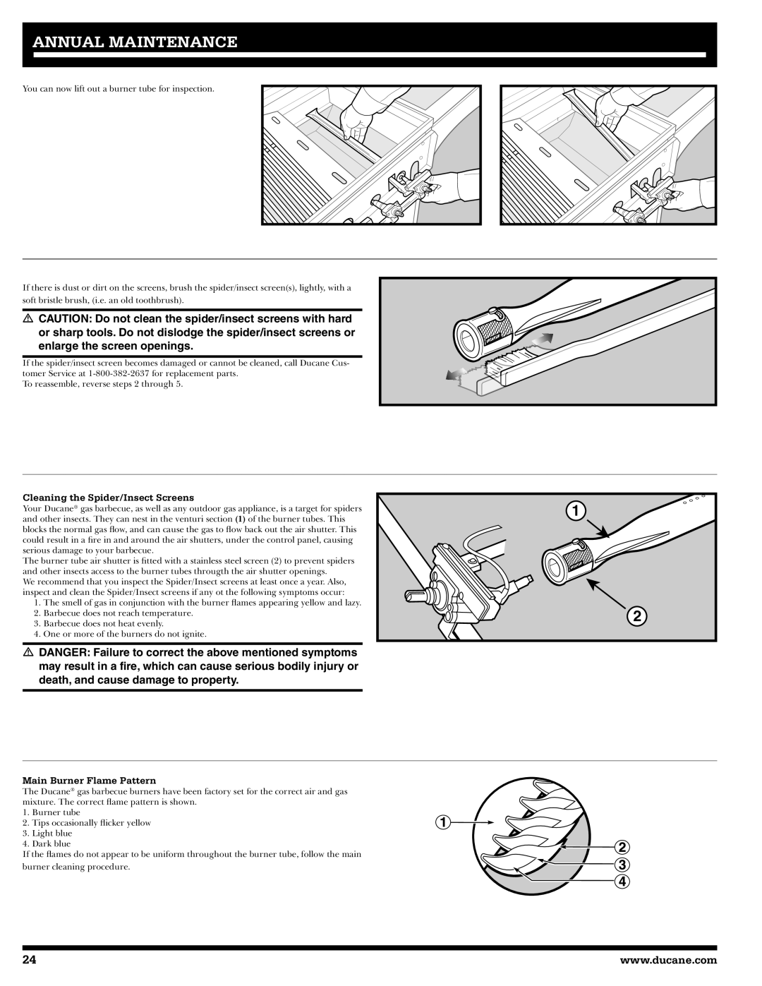 Ducane 2020806 owner manual Cleaning the Spider/Insect Screens, Main Burner Flame Pattern 