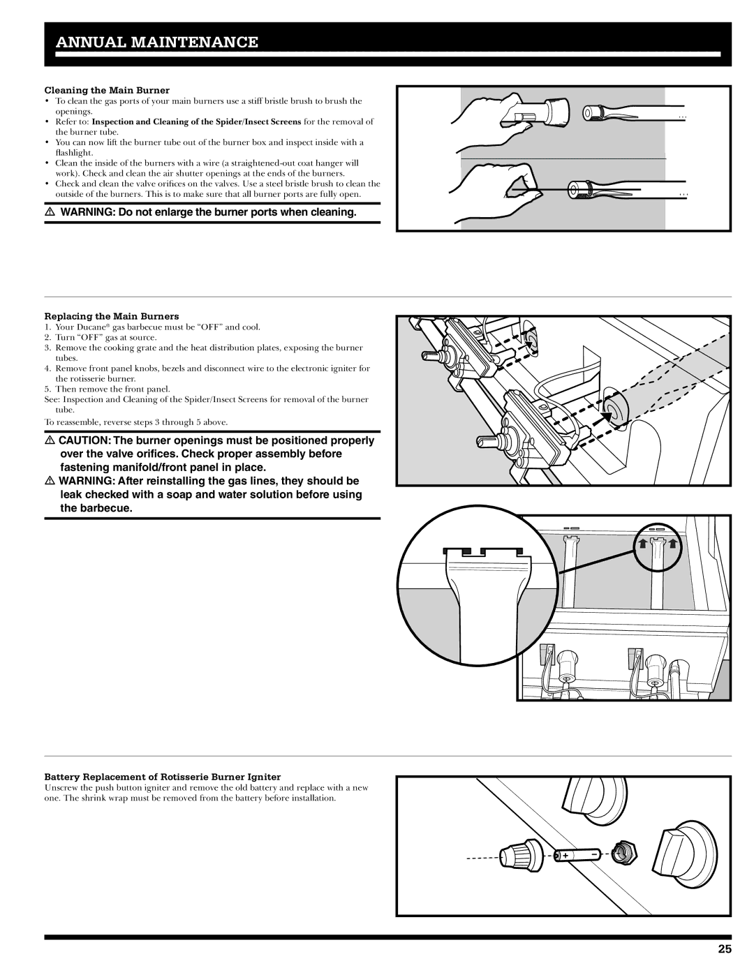 Ducane 2020806 Cleaning the Main Burner, Replacing the Main Burners, Battery Replacement of Rotisserie Burner Igniter 