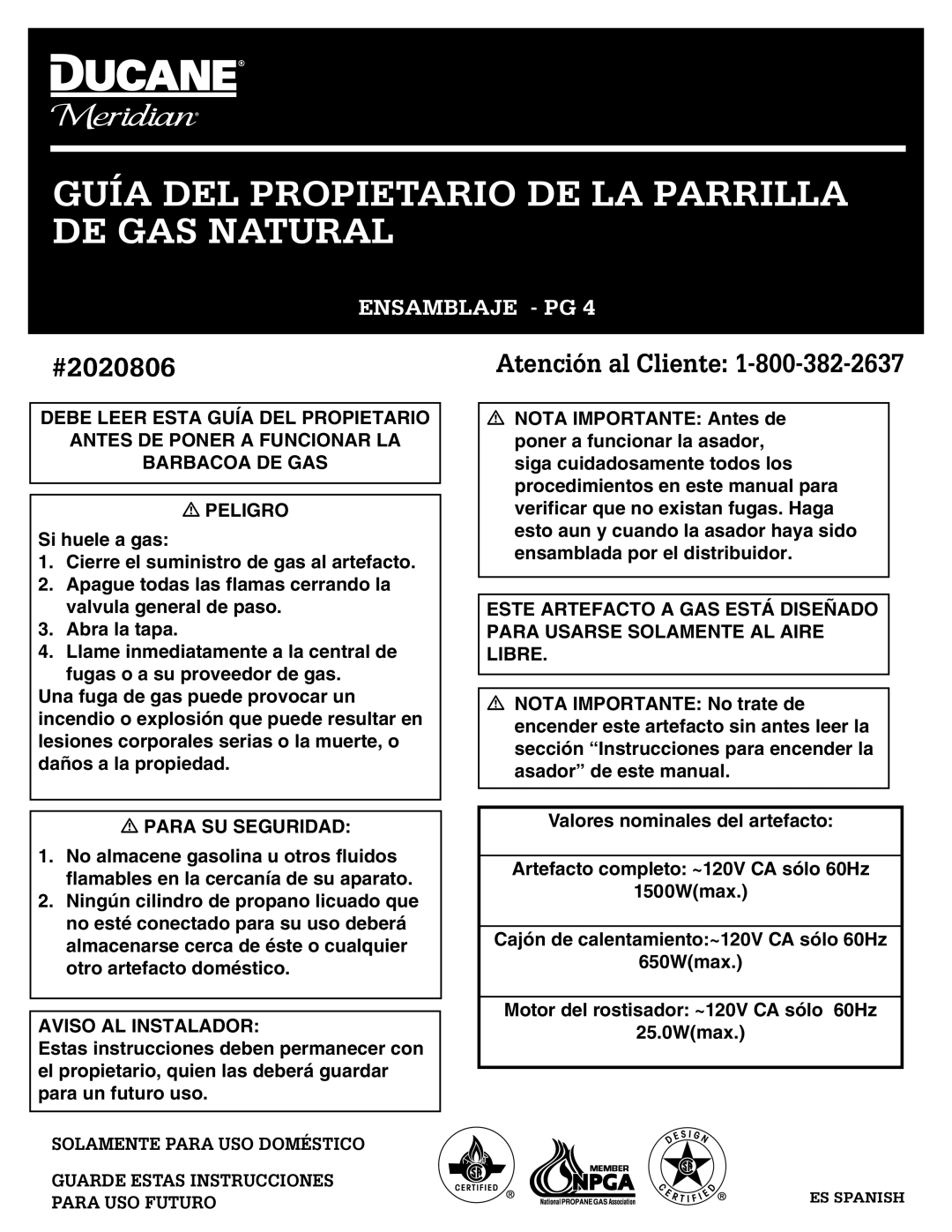 Ducane 2020806 owner manual Guía DEL Propietario DE LA Parrilla DE GAS Natural 