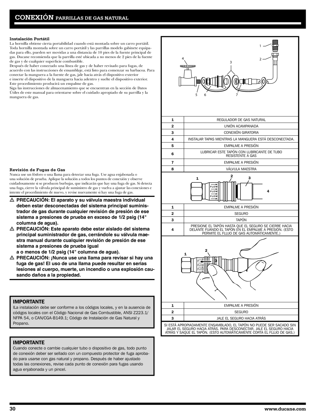 Ducane 2020806 owner manual Instalación Portátil, Revisión de Fugas de Gas 