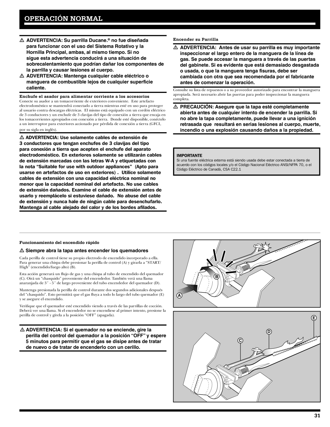 Ducane 2020806 Operación Normal, Enchufe el asador para alimentar corriente a los accesorios, Encender su Parrilla 