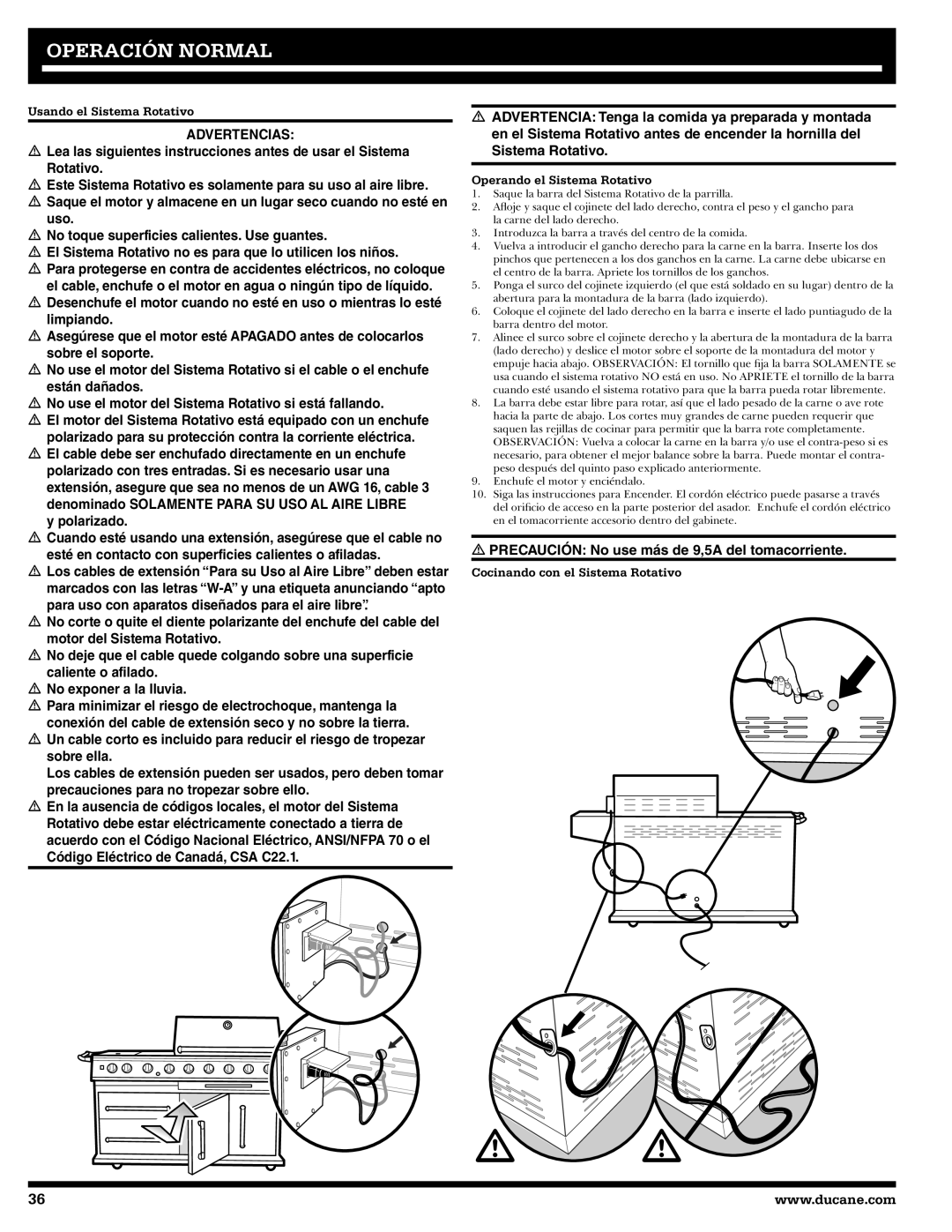 Ducane 2020806 owner manual Usando el Sistema Rotativo, Operando el Sistema Rotativo, Cocinando con el Sistema Rotativo 