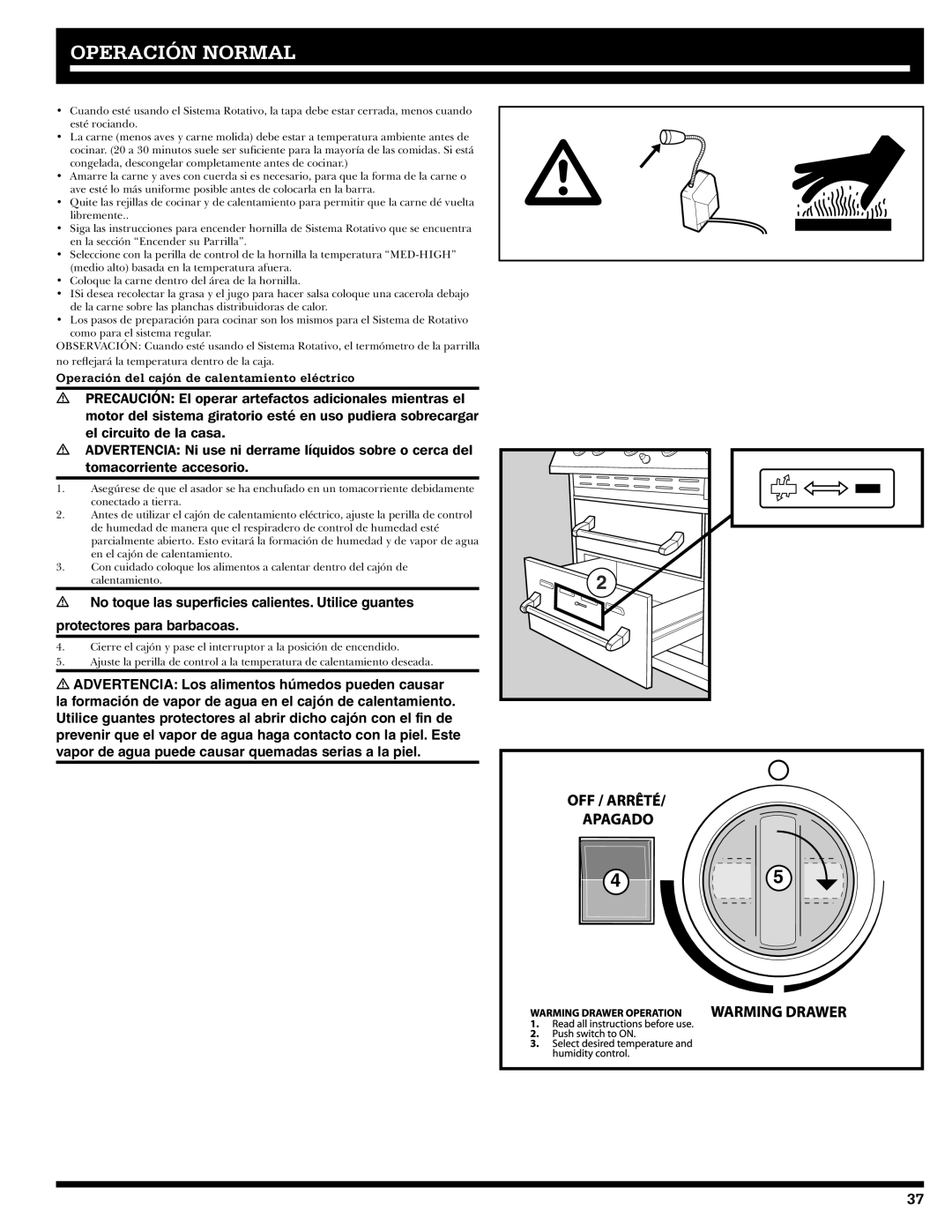 Ducane 2020806 owner manual Operación del cajón de calentamiento eléctrico 