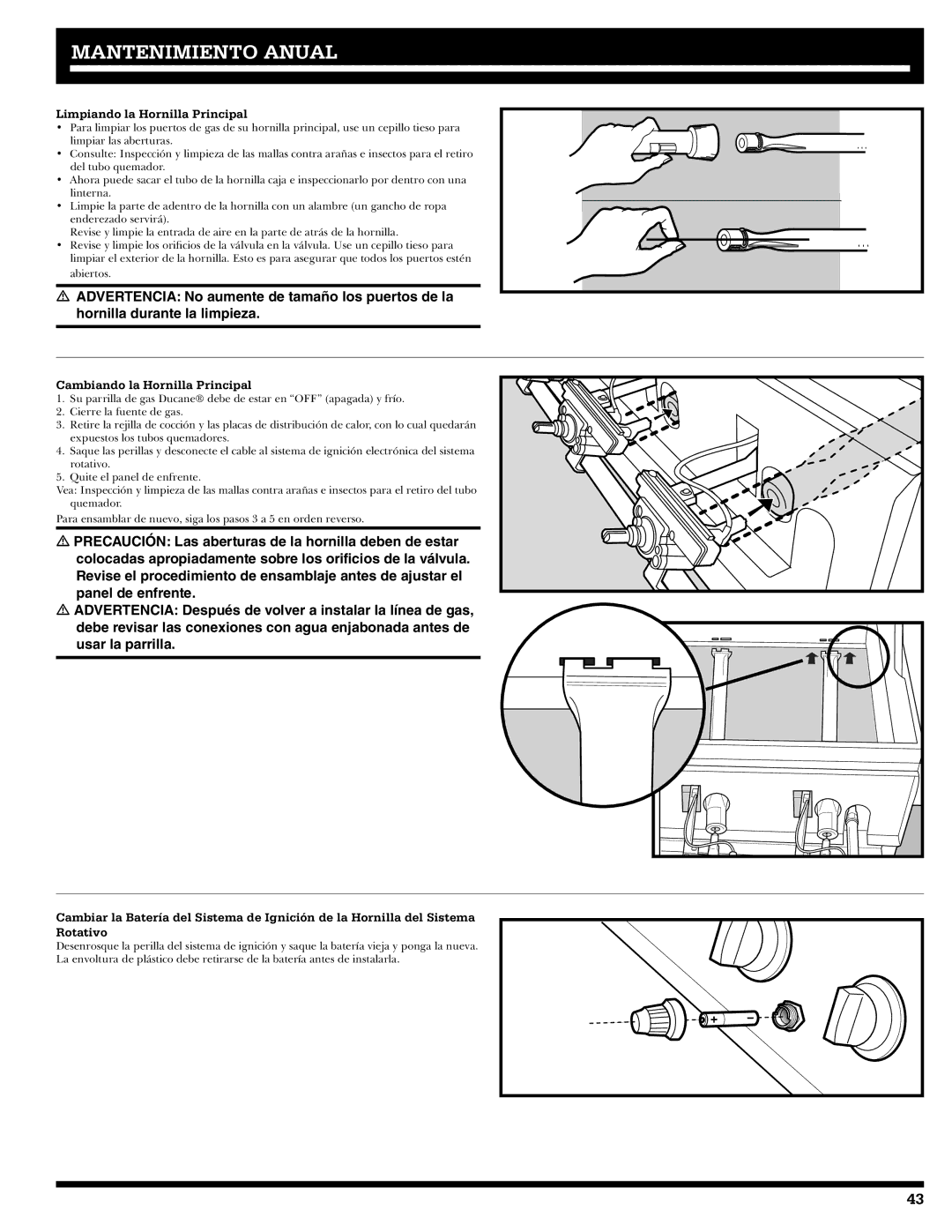 Ducane 2020806 owner manual Limpiando la Hornilla Principal, Cambiando la Hornilla Principal 