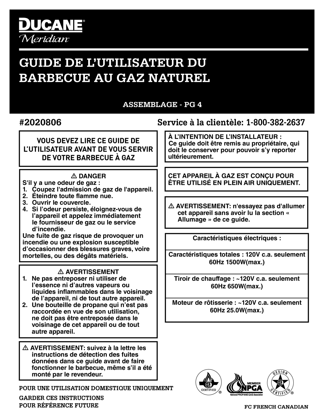 Ducane 2020806 owner manual Guide DE L’UTILISATEUR DU Barbecue AU GAZ Naturel 