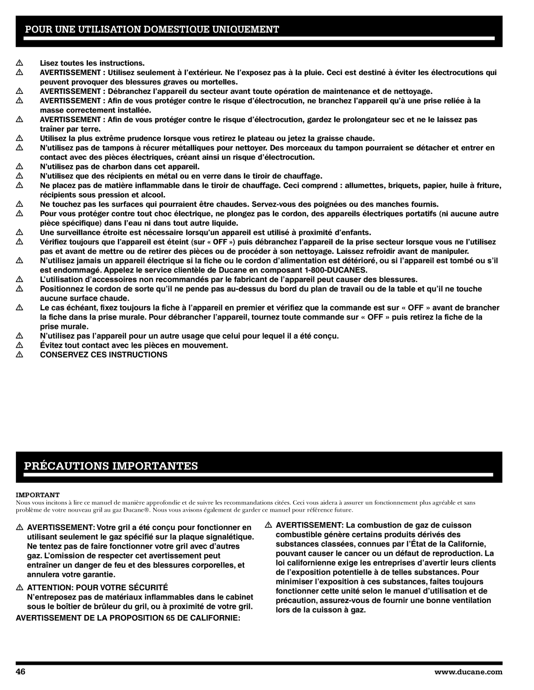 Ducane 2020806 owner manual Précautions Importantes, Pour UNE Utilisation Domestique Uniquement 