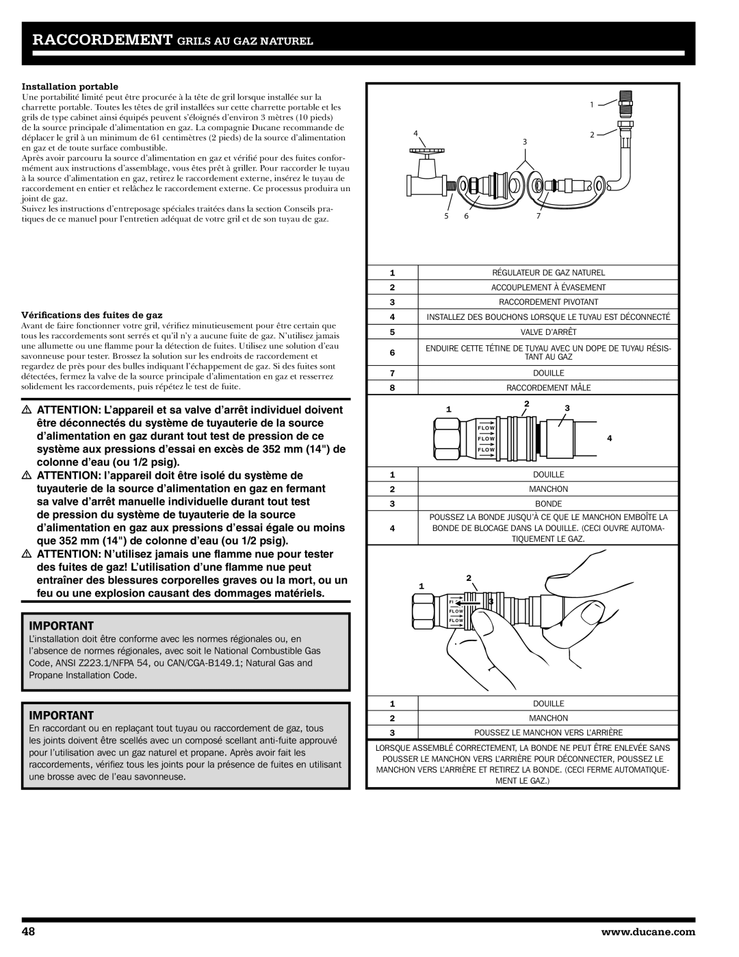 Ducane 2020806 owner manual Installation portable, Vériﬁcations des fuites de gaz 