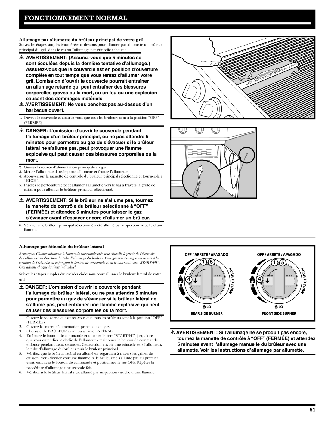 Ducane 2020806 Allumage par allumette du brûleur principal de votre gril, Allumage par étincelle du brûleur latéral 