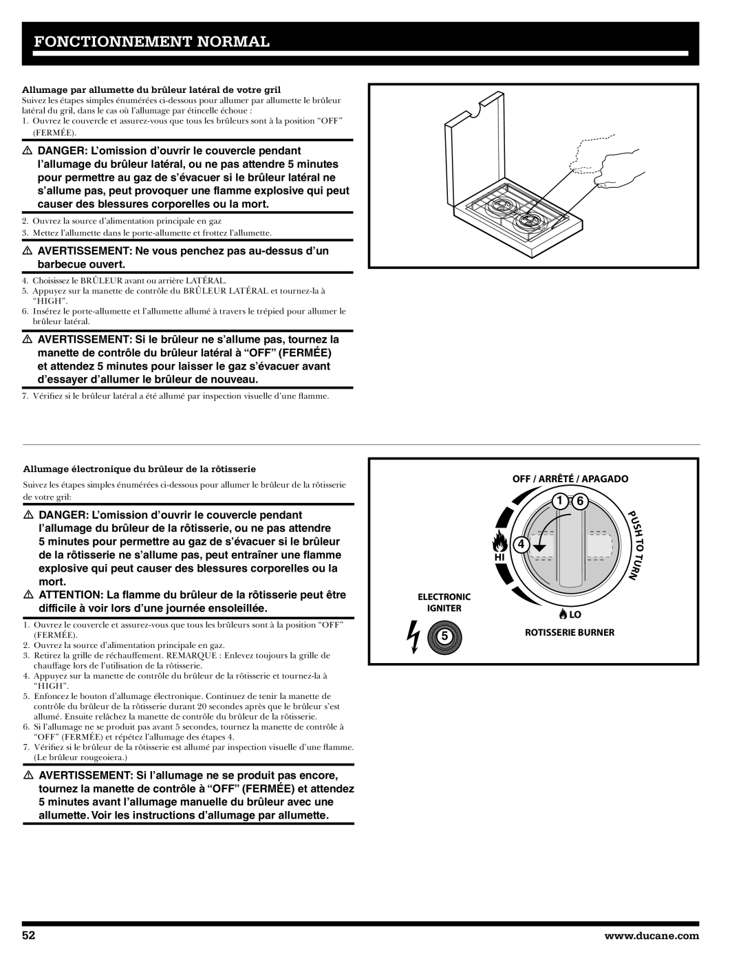 Ducane 2020806 Allumage par allumette du brûleur latéral de votre gril, Allumage électronique du brûleur de la rôtisserie 