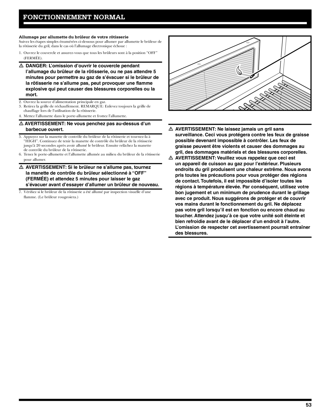 Ducane 2020806 owner manual Allumage par allumette du brûleur de votre rôtisserie 