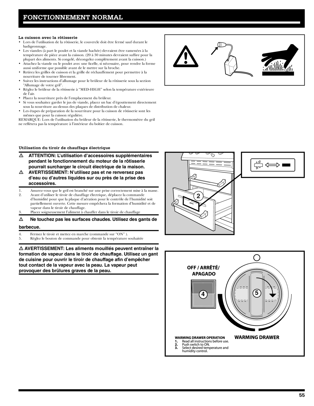 Ducane 2020806 owner manual La cuisson avec la rôtisserie, Utilisation du tiroir de chauffage électrique 