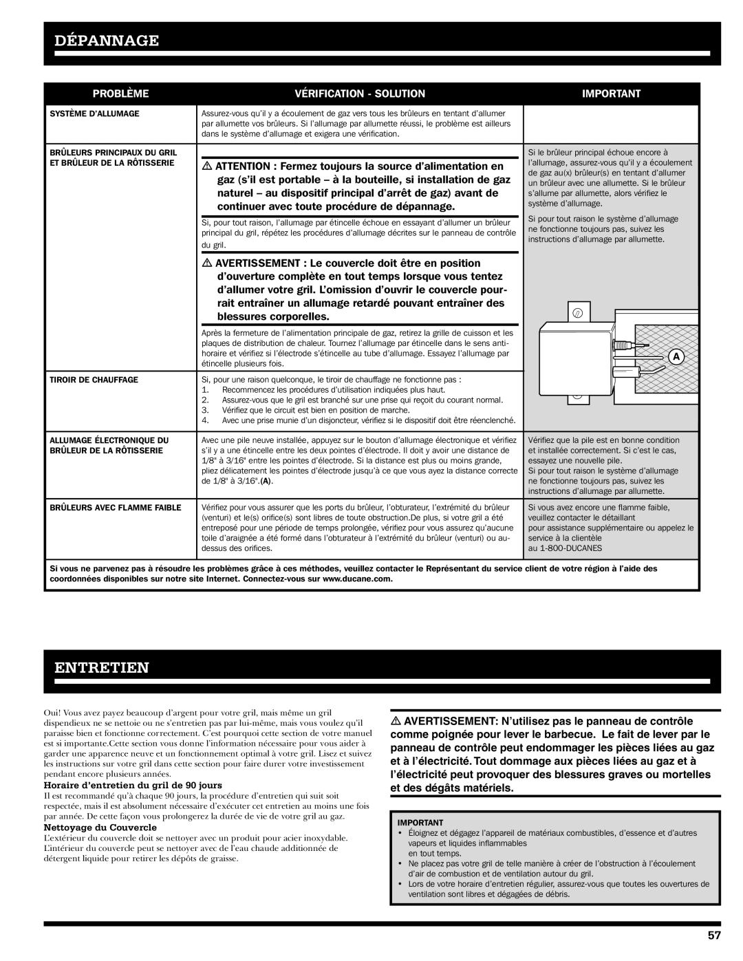 Ducane 2020806 owner manual Dépannage, Entretien, Horaire d’entretien du gril de 90 jours, Nettoyage du Couvercle 