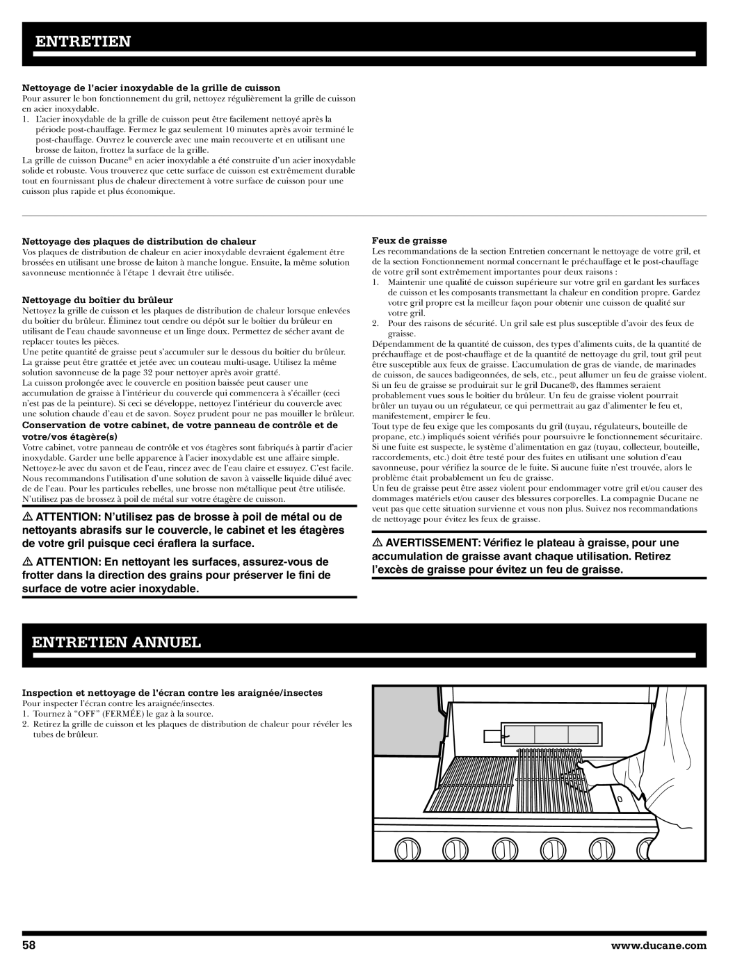 Ducane 2020806 Entretien Annuel, Nettoyage de l’acier inoxydable de la grille de cuisson, Nettoyage du boîtier du brûleur 