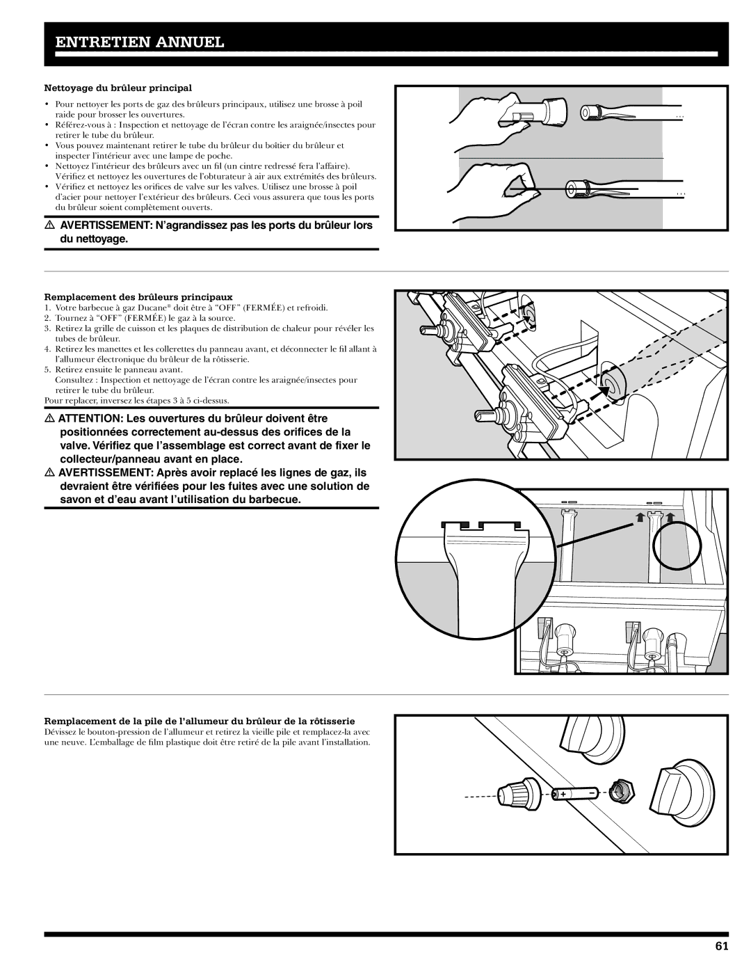 Ducane 2020806 owner manual Nettoyage du brûleur principal, Remplacement des brûleurs principaux 