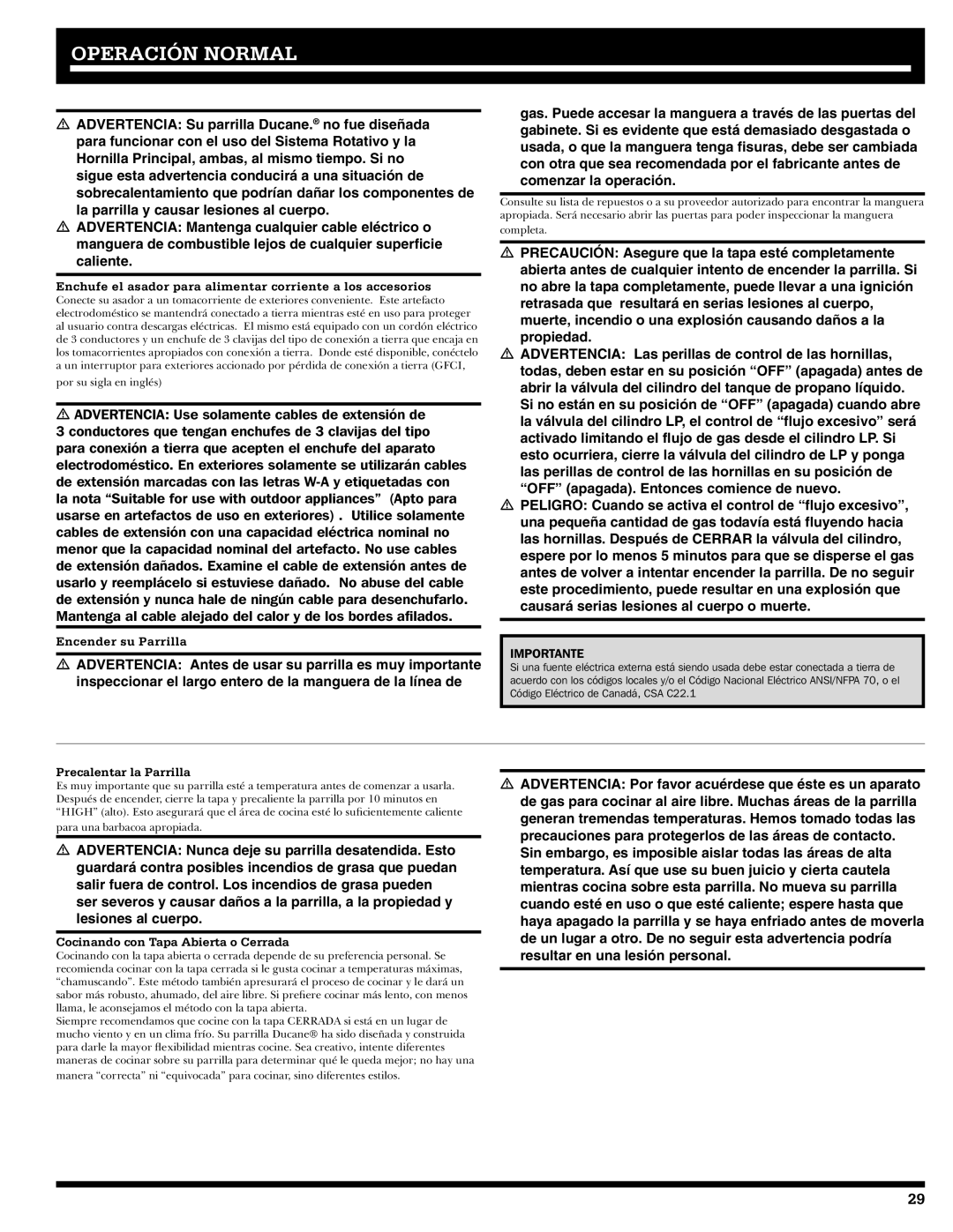 Ducane 20529914 Operación Normal, Enchufe el asador para alimentar corriente a los accesorios, Encender su Parrilla 