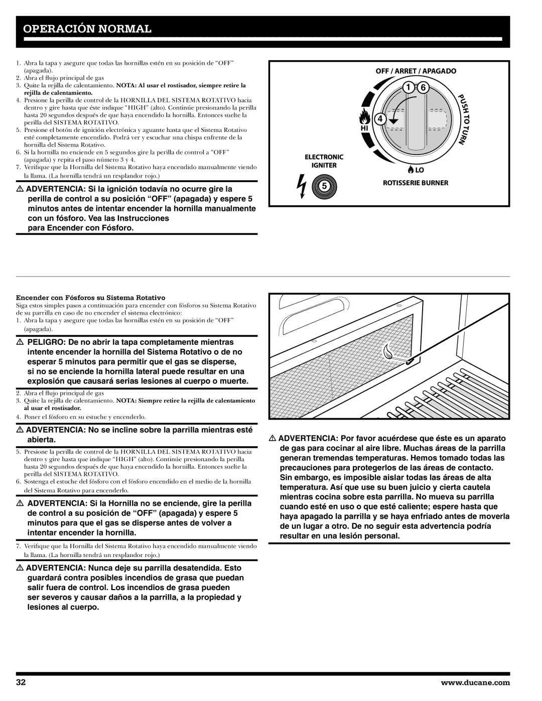 Ducane 20529914 owner manual Encender con Fósforos su Sistema Rotativo 