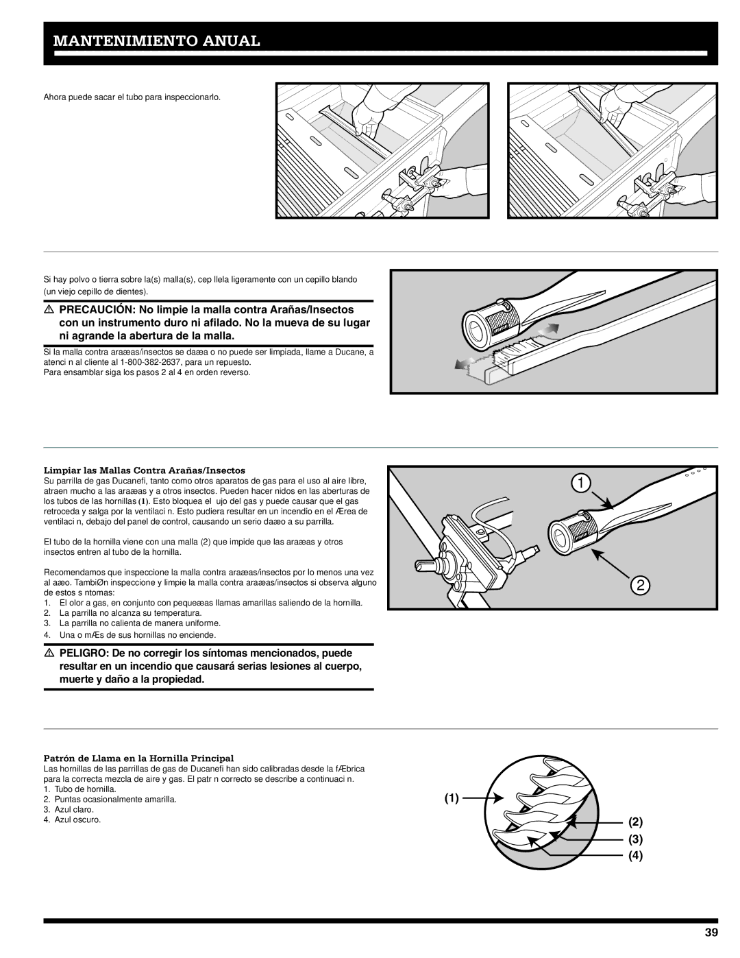 Ducane 20529914 owner manual Limpiar las Mallas Contra Arañas/Insectos, Patrón de Llama en la Hornilla Principal 