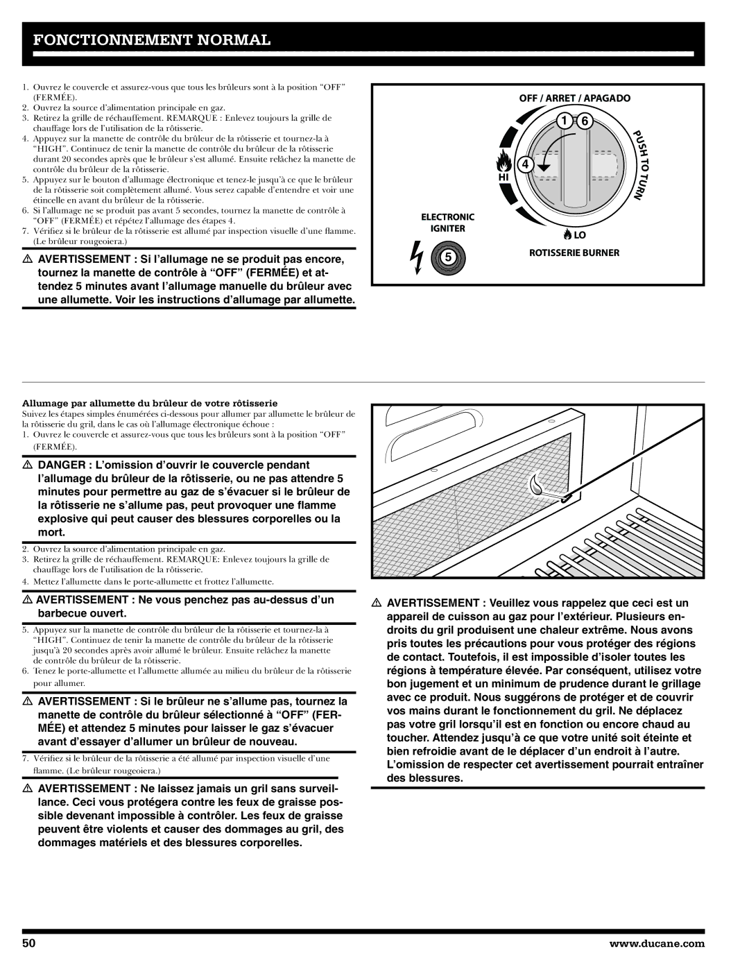 Ducane 20529914 owner manual Allumage par allumette du brûleur de votre rôtisserie 