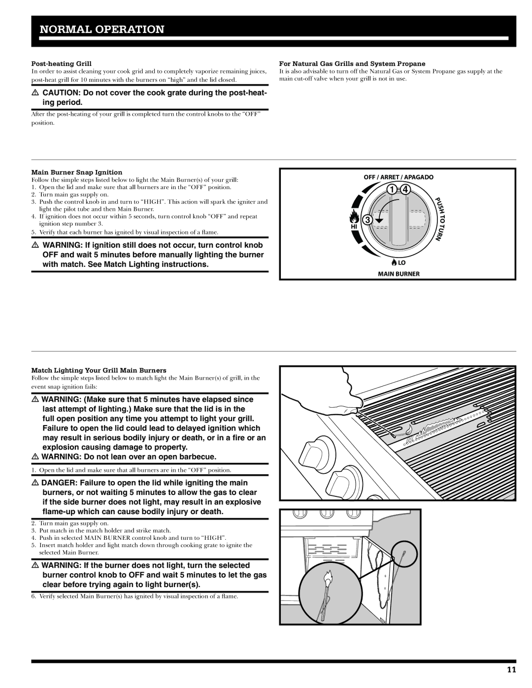 Ducane 20529915 owner manual Post-heating Grill, Main Burner Snap Ignition, Match Lighting Your Grill Main Burners 