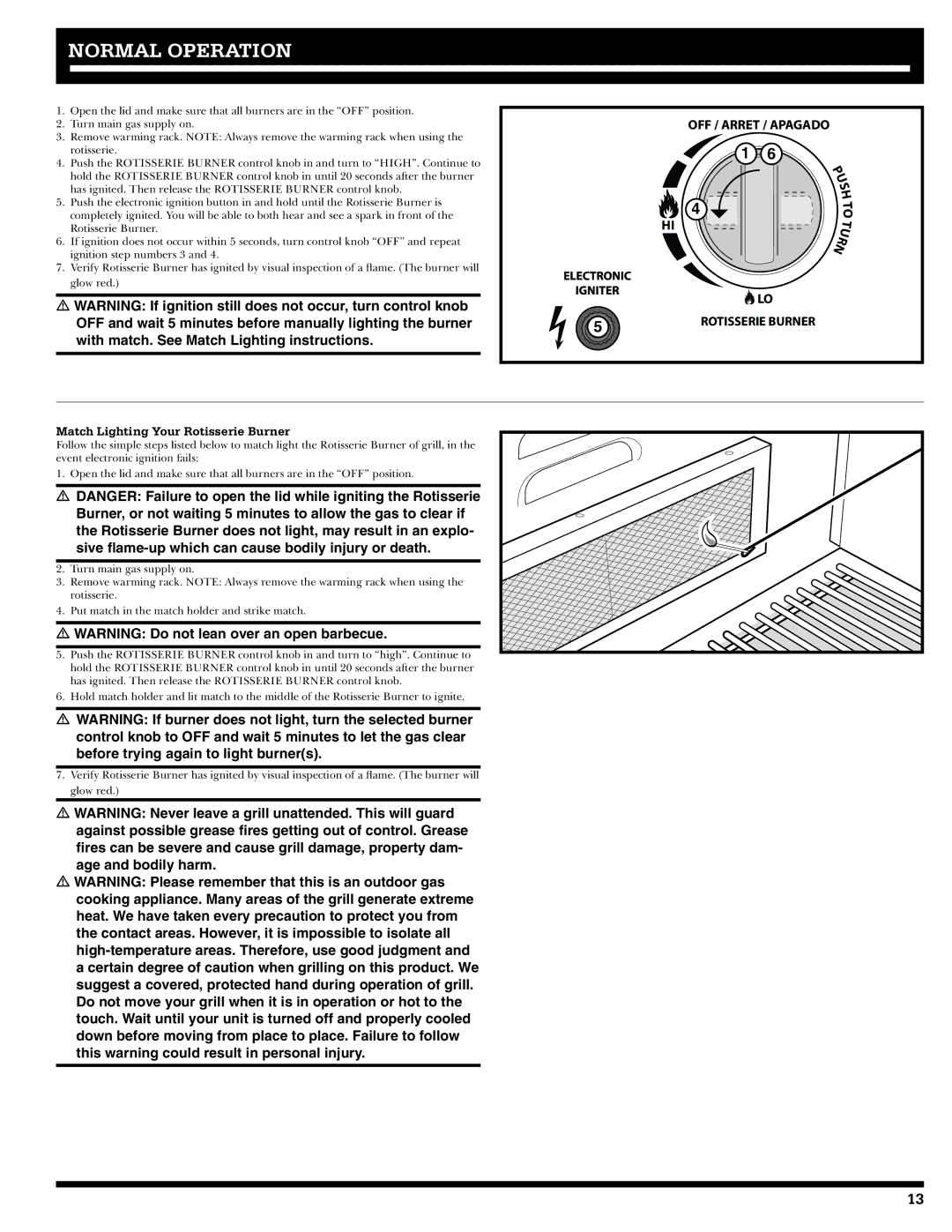 Ducane 20529915 owner manual OFF / Arret / Apagado Rotisserie Burner, Match Lighting Your Rotisserie Burner 