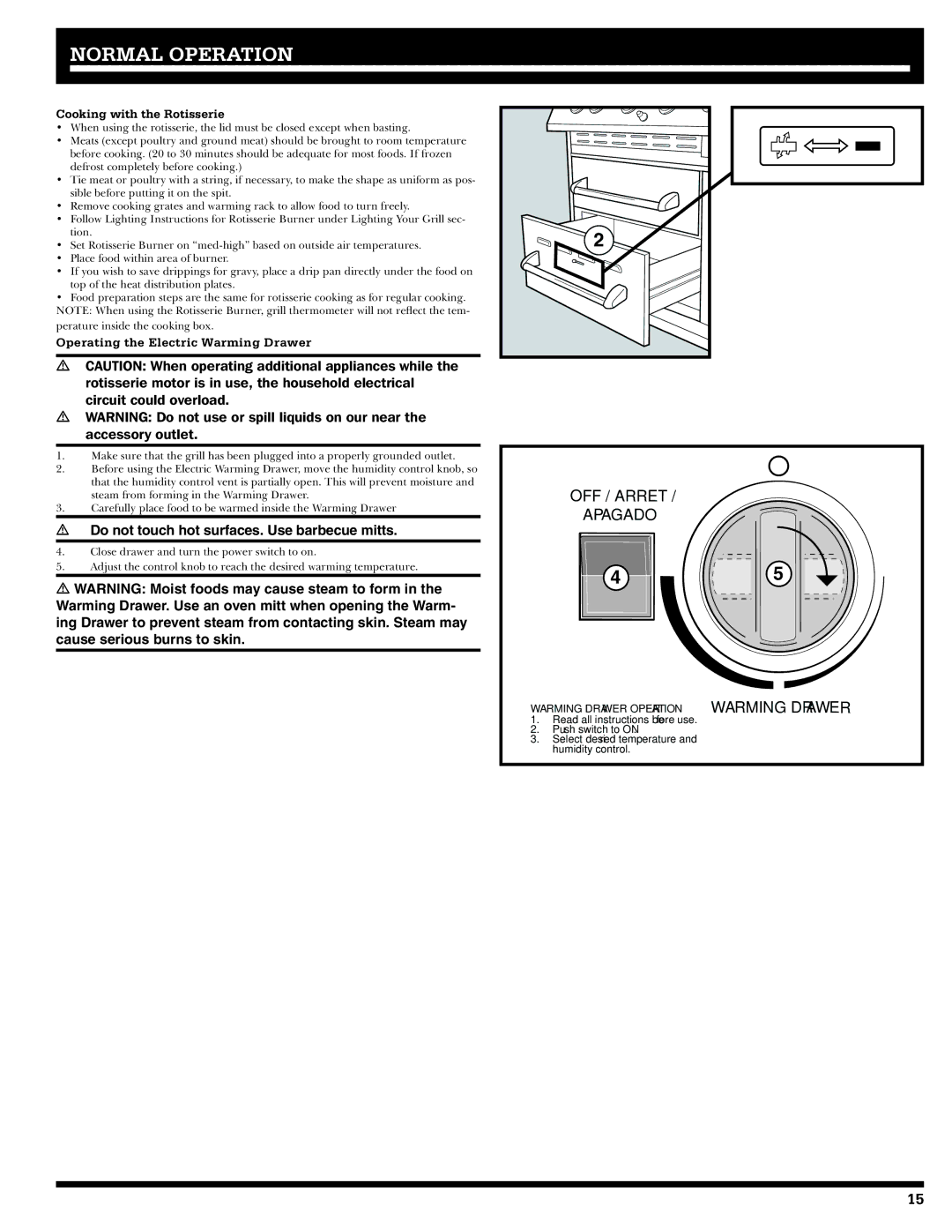 Ducane 20529915 owner manual Cooking with the Rotisserie, Operating the Electric Warming Drawer 