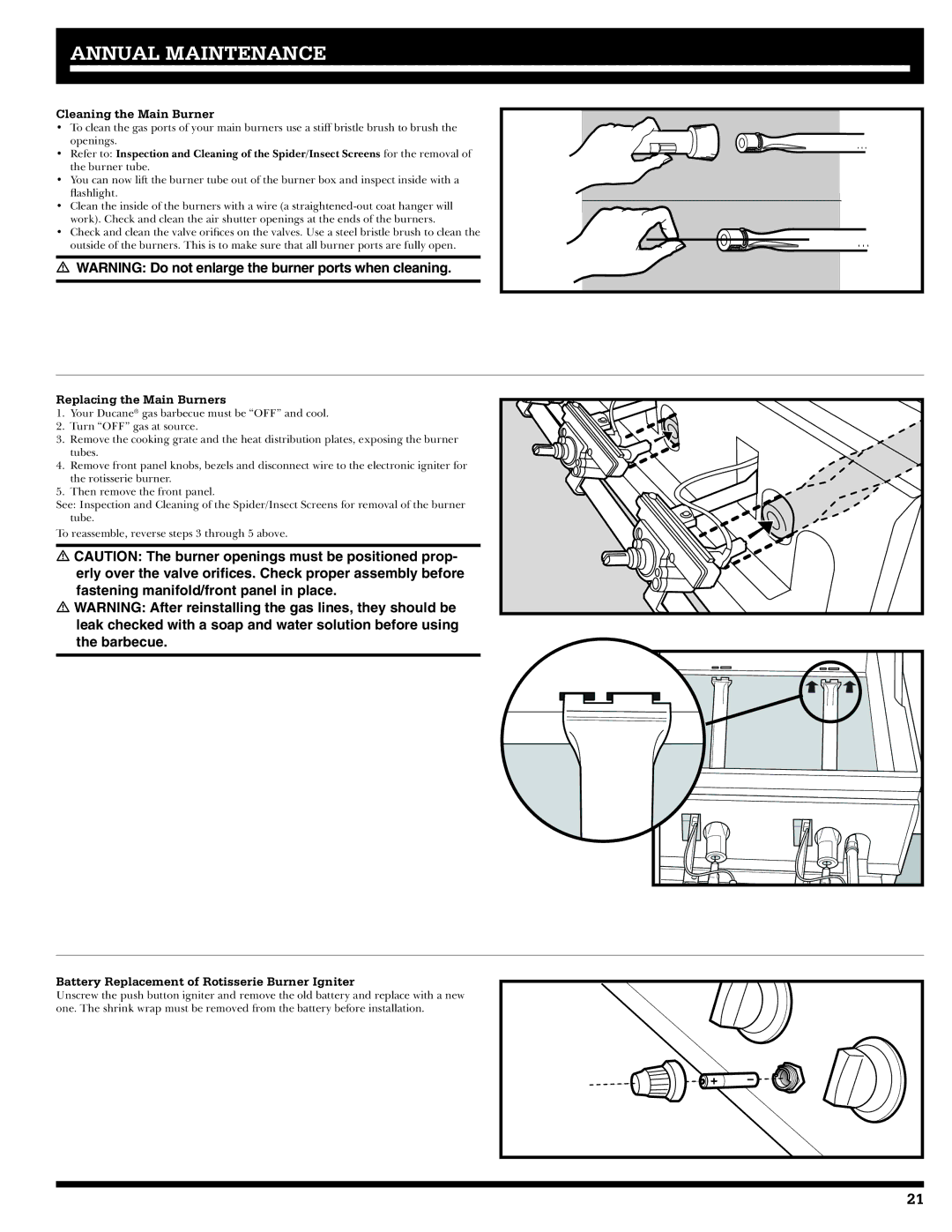 Ducane 20529915 Cleaning the Main Burner, Replacing the Main Burners, Battery Replacement of Rotisserie Burner Igniter 