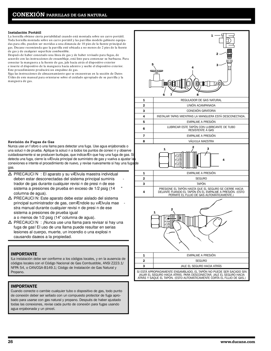 Ducane 20529915 owner manual Instalación Portátil, Revisión de Fugas de Gas 