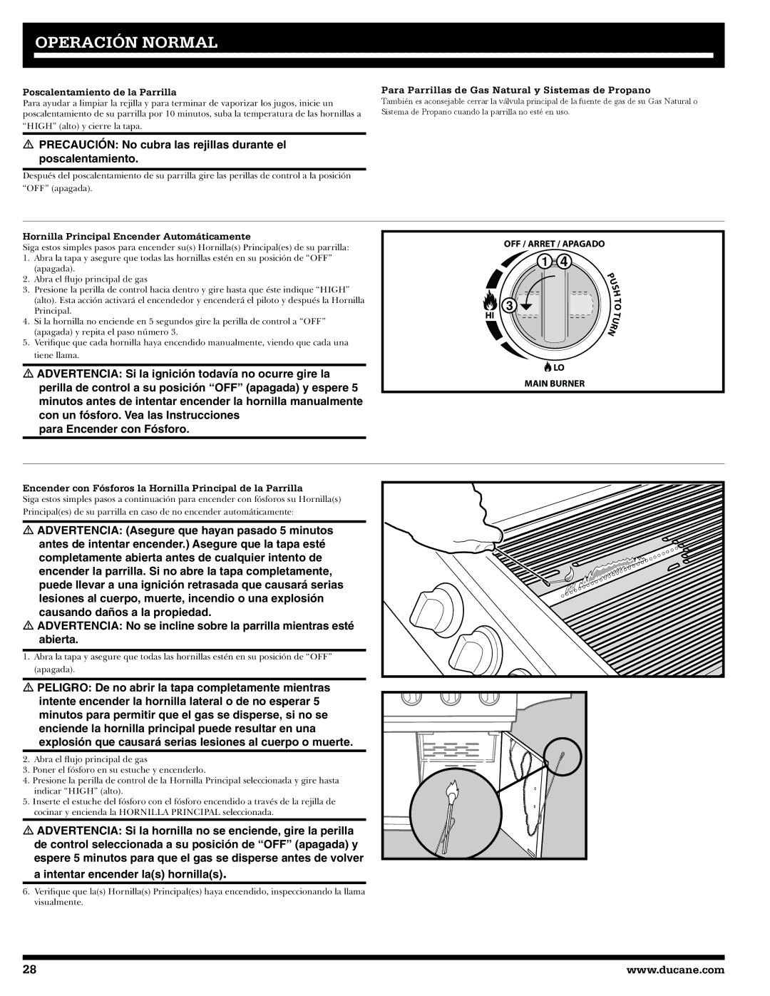 Ducane 20529915 owner manual Poscalentamiento de la Parrilla, Para Parrillas de Gas Natural y Sistemas de Propano 